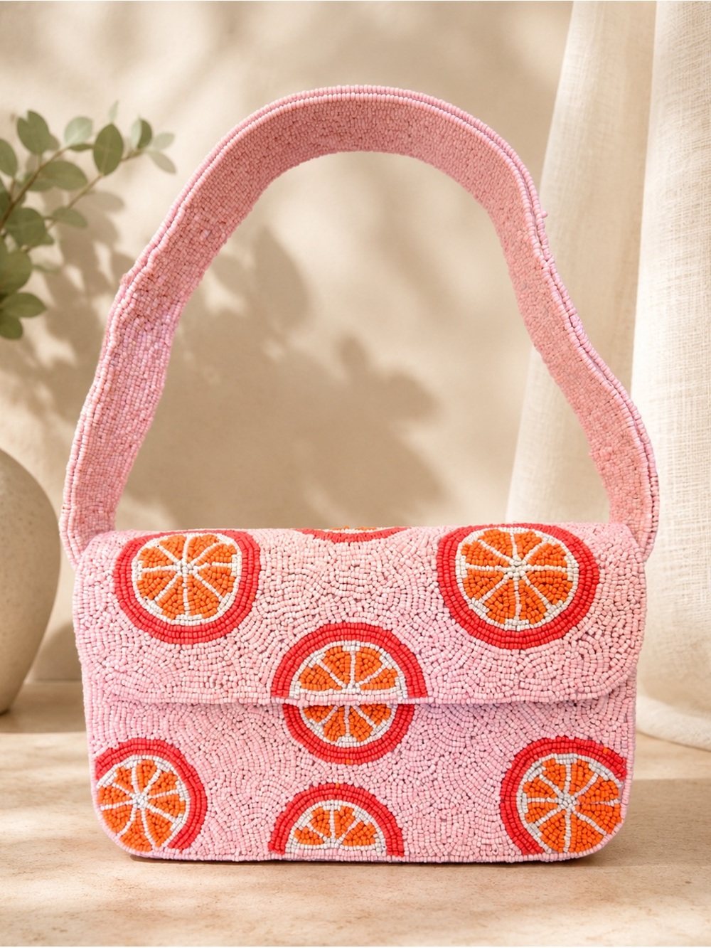 Pink Beaded Citrus Shoulder Bag